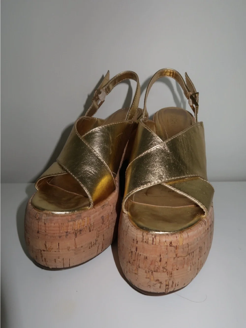 SCHUTZ Gold Metallic Cork Platform Slingback Sandals